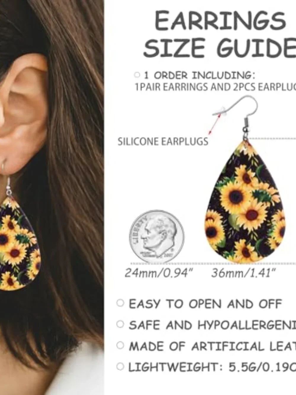 Sunflower Earrings for‎ Women Leather Teardrop Dangle Drop Jewelry Outfits